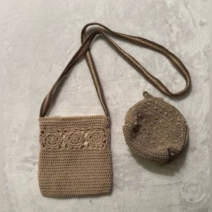 NEW Set of tan crochet crossbody & cosmetic bag.